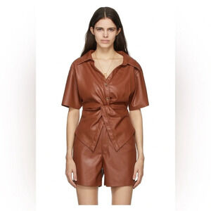 Nanushka Thora Twist Front Vegan Brown Faux Leather Top